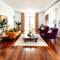 A midcentury modern apartment living room with crisp white walls