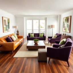 A midcentury modern apartment living room with crisp white walls