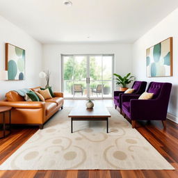 A midcentury modern apartment living room with crisp white walls