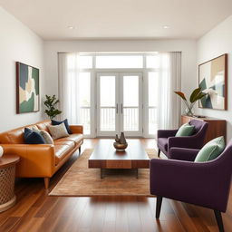 A midcentury modern apartment living room with crisp white walls