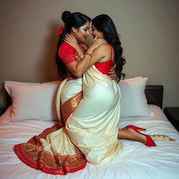 a voluptuous and alluring Thai woman with a captivating figure, creatively and tastefully adorned with a seductive mekhela chadar in cream, golden, and red, complemented by a striking red blouse and stylish high heels