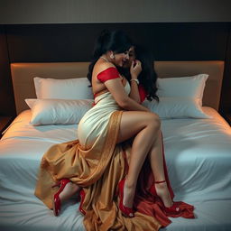 a voluptuous and alluring Thai woman with a captivating figure, creatively and tastefully adorned with a seductive mekhela chadar in cream, golden, and red, complemented by a striking red blouse and stylish high heels