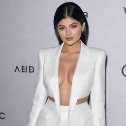 Generate an image of Kylie Jenner in a stylish outfit at a VIP event. Focus on capturing her fashion-forward style and charisma.