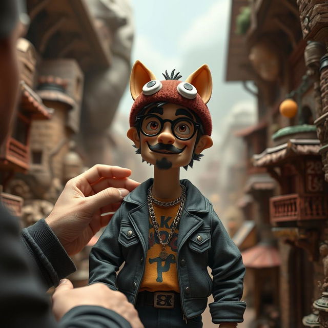 Concept art depicting Russian rapper Oleg Nechiporenko, known as Kizaru, styled as a stop-motion human puppet inspired by The Isle of Dogs