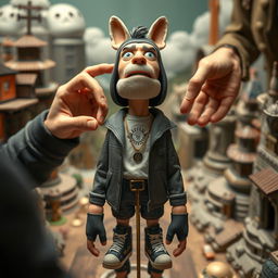 Concept art depicting Russian rapper Oleg Nechiporenko, known as Kizaru, styled as a stop-motion human puppet inspired by The Isle of Dogs