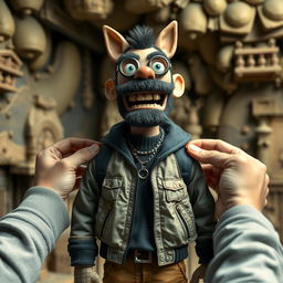 Concept art depicting Russian rapper Oleg Nechiporenko, known as Kizaru, styled as a stop-motion human puppet inspired by The Isle of Dogs