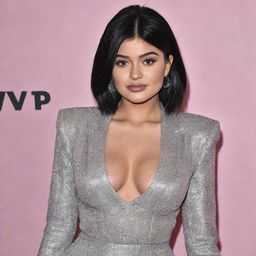 Generate an image of Kylie Jenner in a stylish outfit at a VIP event. Focus on capturing her fashion-forward style and charisma.