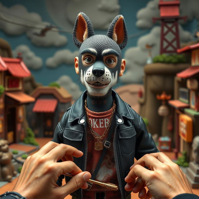 Concept art depicting Russian rapper Oleg Nechiporenko, known as Kizaru, styled as a stop-motion human puppet inspired by The Isle of Dogs, specifically without any animal parts