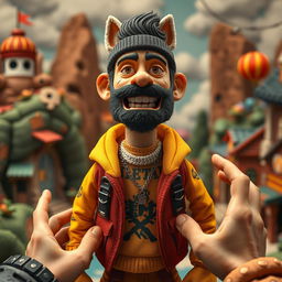 Concept art depicting Russian rapper Oleg Nechiporenko, known as Kizaru, styled as a stop-motion human puppet inspired by The Isle of Dogs, specifically without any animal parts