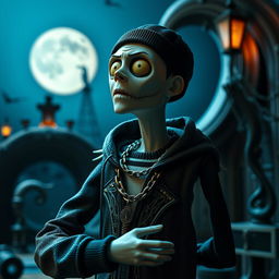 Concept art depicting Russian rapper Oleg Nechiporenko, known as Kizaru, styled as a stop-motion human puppet inspired by The Nightmare Before Christmas