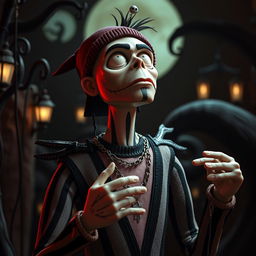 Concept art depicting Russian rapper Oleg Nechiporenko, known as Kizaru, styled as a stop-motion human puppet inspired by The Nightmare Before Christmas