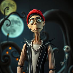 Concept art depicting Russian rapper Oleg Nechiporenko, known as Kizaru, styled as a stop-motion human puppet inspired by The Nightmare Before Christmas