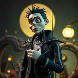 Concept art depicting Russian rapper Oleg Nechiporenko, known as Kizaru, styled as a stop-motion human puppet inspired by The Nightmare Before Christmas