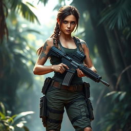 Lara Croft in a detailed and rugged military outfit, confidently holding an M4 assault rifle