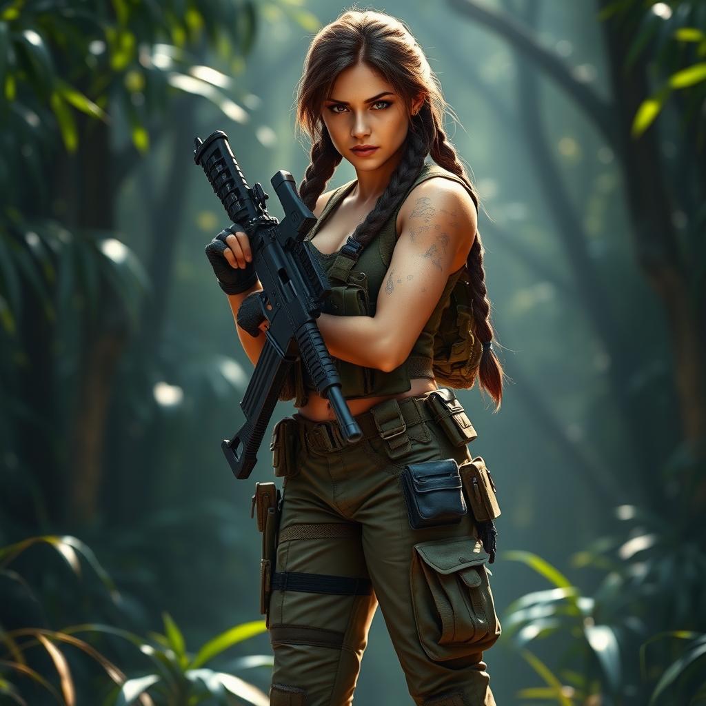 Lara Croft in a detailed and rugged military outfit, confidently holding an M4 assault rifle