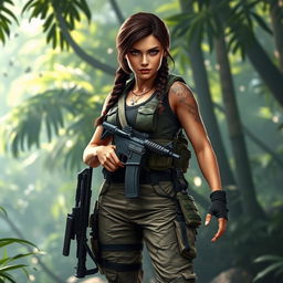 Lara Croft in a detailed and rugged military outfit, confidently holding an M4 assault rifle