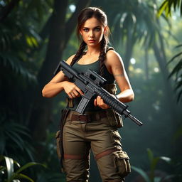 Lara Croft in a detailed and rugged military outfit, confidently holding an M4 assault rifle