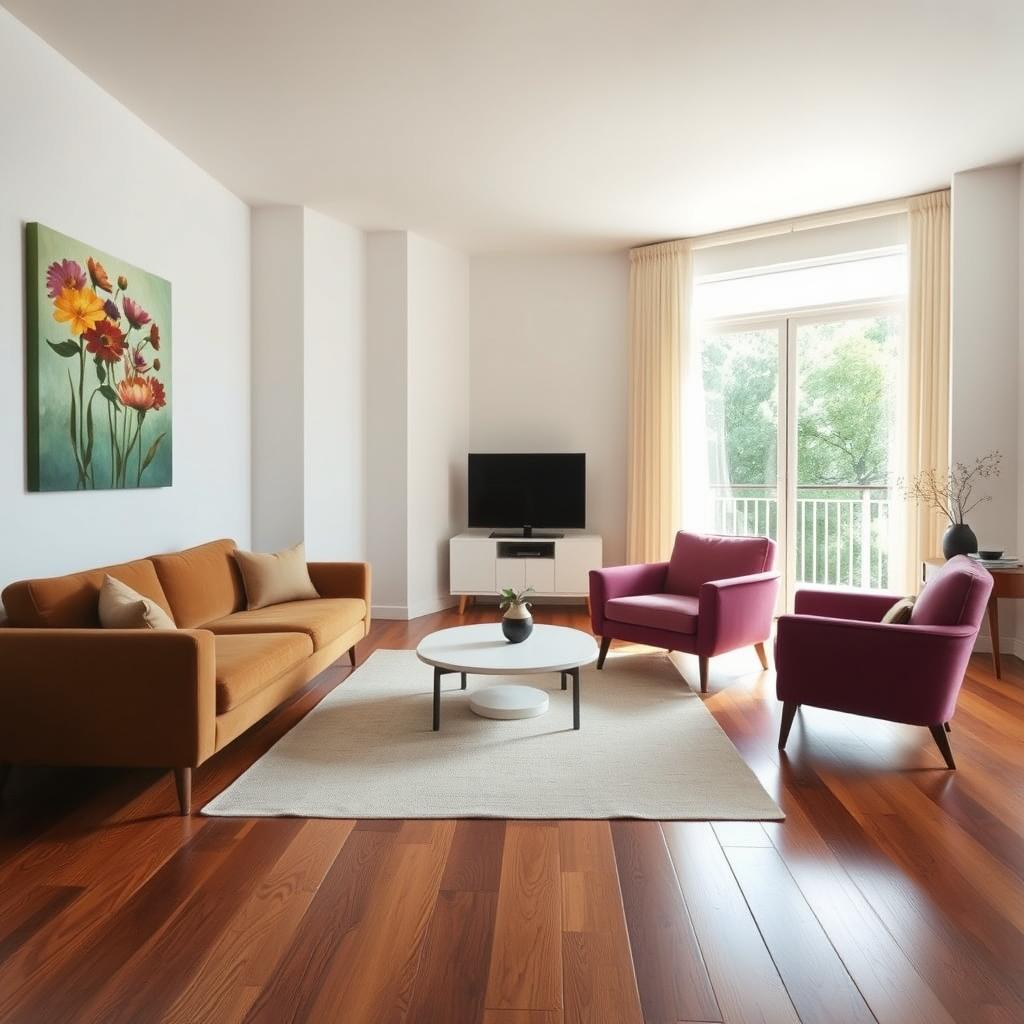 A midcentury modern apartment living room with pristine white walls complemented by Brazilian cherry wood flooring, adding warmth and depth