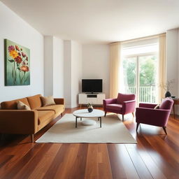 A midcentury modern apartment living room with pristine white walls complemented by Brazilian cherry wood flooring, adding warmth and depth