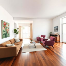 A midcentury modern apartment living room with pristine white walls complemented by Brazilian cherry wood flooring, adding warmth and depth