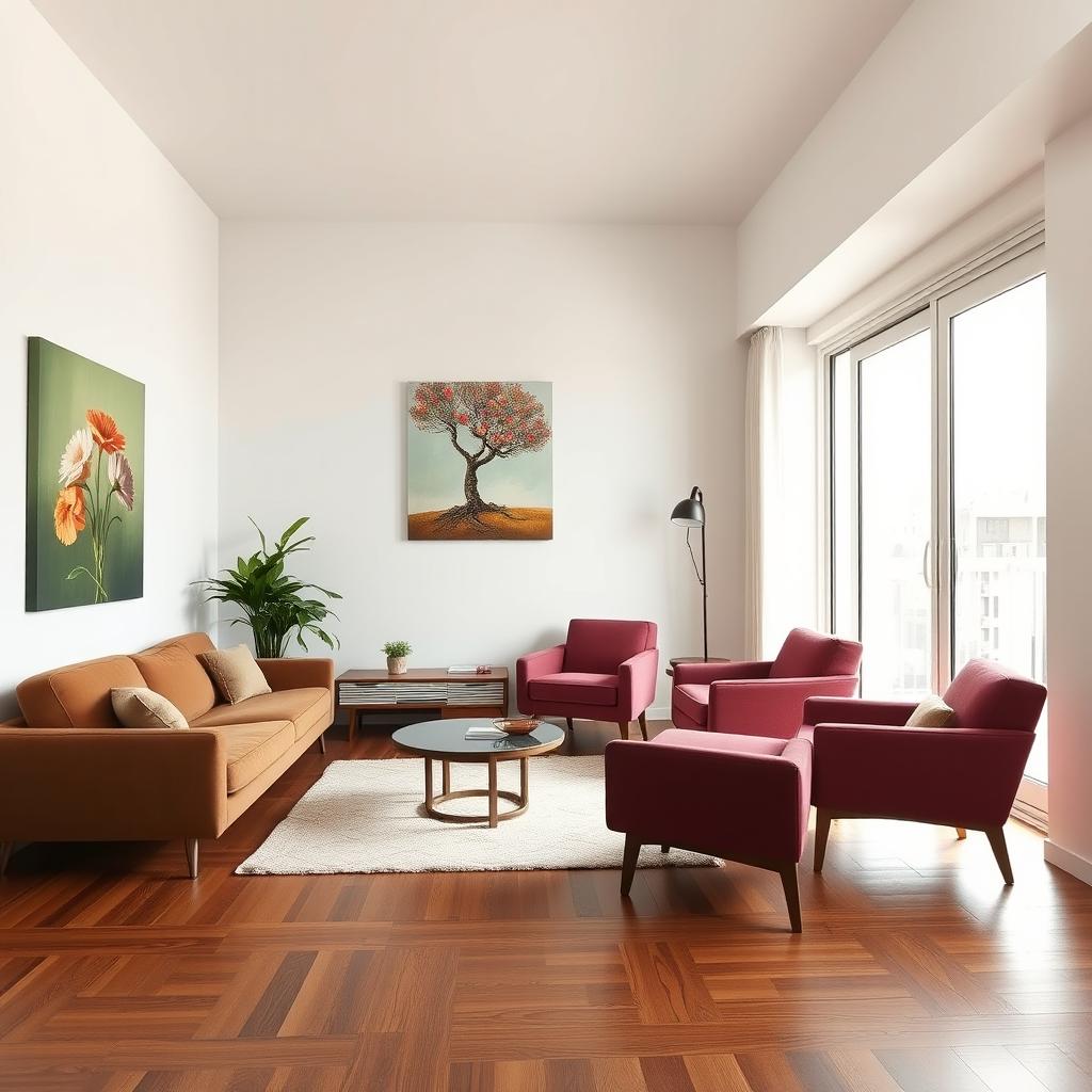 A midcentury modern apartment living room with pristine white walls complemented by Brazilian cherry wood flooring, adding warmth and depth