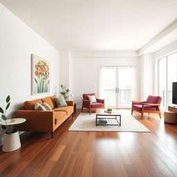 A midcentury modern apartment living room with pristine white walls complemented by Brazilian cherry wood flooring, adding warmth and depth