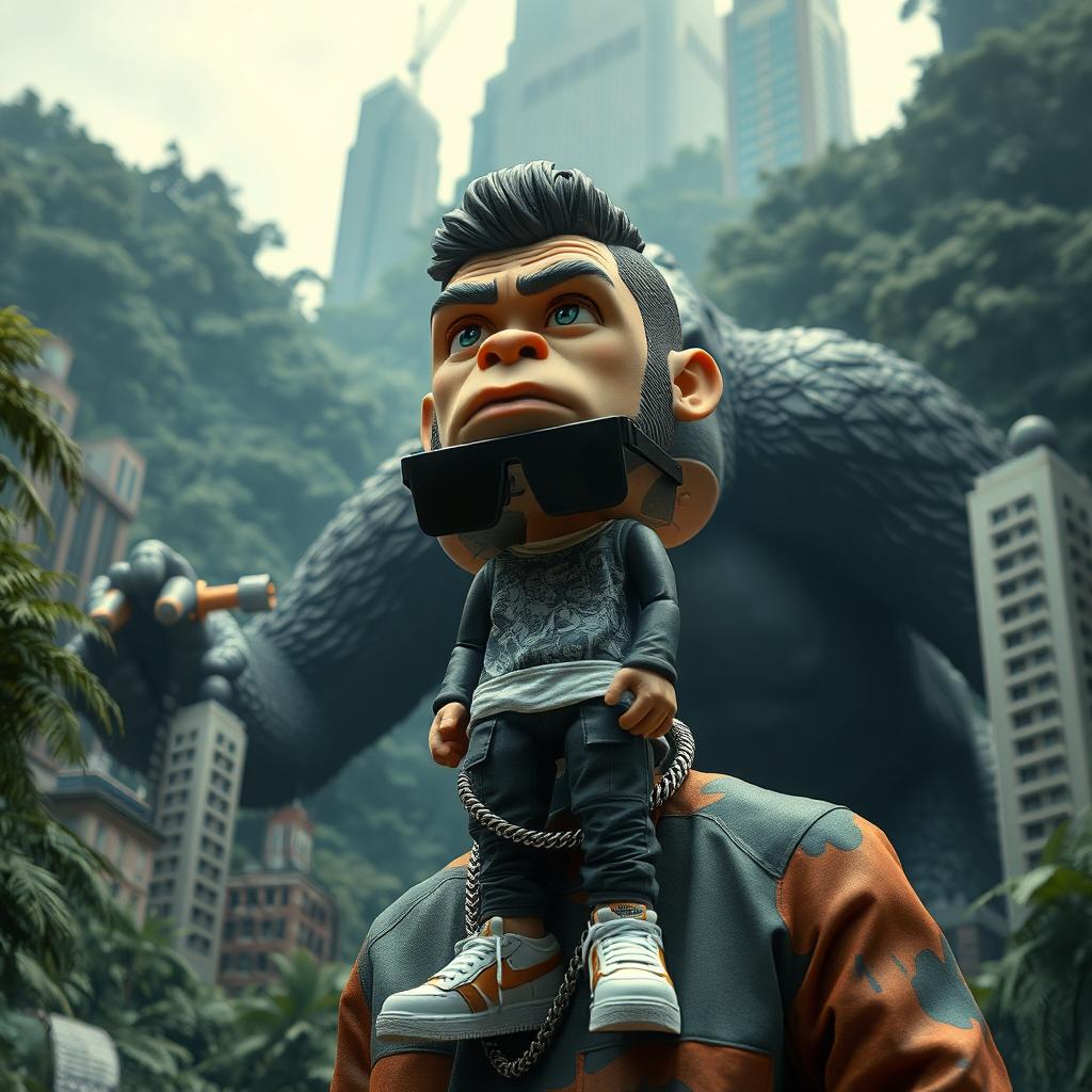 Concept art depicting Russian rapper Oleg Nechiporenko, known as Kizaru, styled as a stop-motion human action figure on the grand film set of King Kong