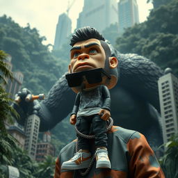 Concept art depicting Russian rapper Oleg Nechiporenko, known as Kizaru, styled as a stop-motion human action figure on the grand film set of King Kong