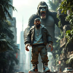 Concept art depicting Russian rapper Oleg Nechiporenko, known as Kizaru, styled as a stop-motion human action figure on the grand film set of King Kong