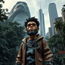 Concept art depicting Russian rapper Oleg Nechiporenko, known as Kizaru, styled as a stop-motion human action figure on the grand film set of King Kong