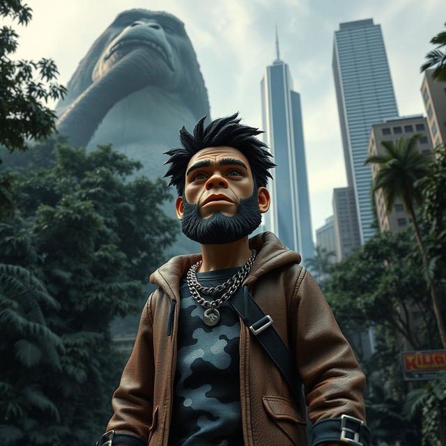 Concept art depicting Russian rapper Oleg Nechiporenko, known as Kizaru, styled as a stop-motion human action figure on the grand film set of King Kong