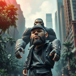 Concept art depicting Russian rapper Oleg Nechiporenko, known as Kizaru, styled as a stop-motion human action figure on the grand film set of King Kong