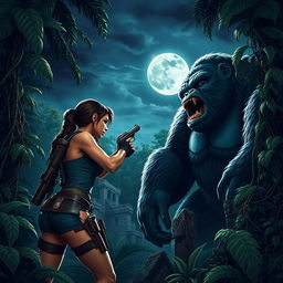 Lara Croft, the iconic adventurer, courageously facing off against the towering and ferocious King Kong amidst a dense jungle setting