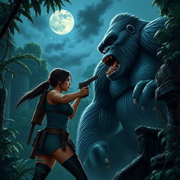 Lara Croft, the iconic adventurer, courageously facing off against the towering and ferocious King Kong amidst a dense jungle setting