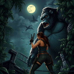 Lara Croft, the iconic adventurer, courageously facing off against the towering and ferocious King Kong amidst a dense jungle setting