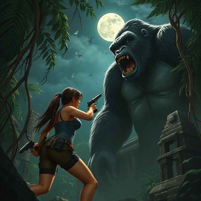 Lara Croft, the iconic adventurer, courageously facing off against the towering and ferocious King Kong amidst a dense jungle setting