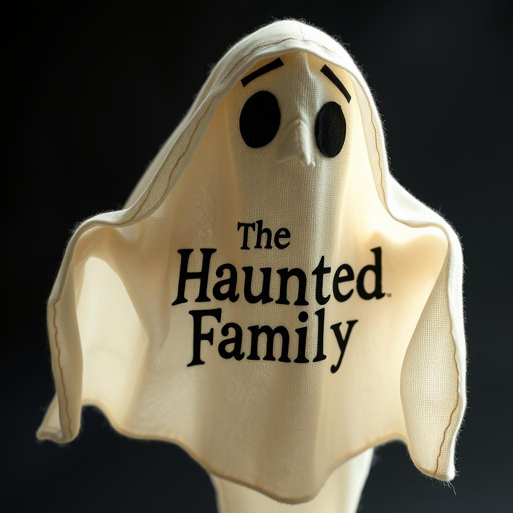 A stopmotion puppet made of cloth, depicting the ghost character from "The Haunted Family" logo