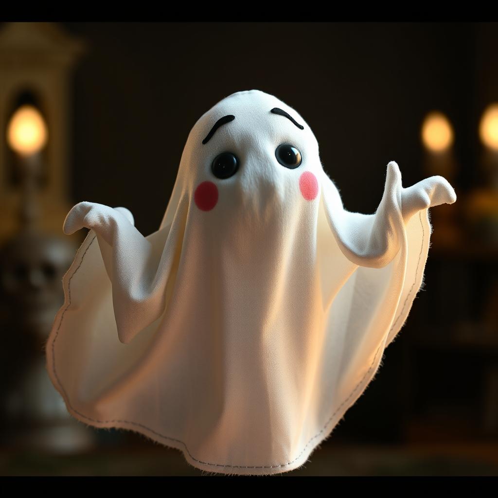 A stopmotion puppet made of cloth, depicting the ghost character from "The Haunted Family" logo