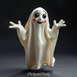 A stopmotion puppet made of cloth, depicting the ghost character from "The Haunted Family" logo