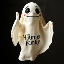 A stopmotion puppet made of cloth, depicting the ghost character from "The Haunted Family" logo