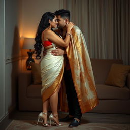 an erotic scene featuring a voluptuous and alluring Thai woman with a captivating figure, engaging in a passionate and romantic moment with her boyfriend