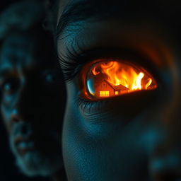 A close-up of a black woman's eye reflecting a modern estate consumed by flames