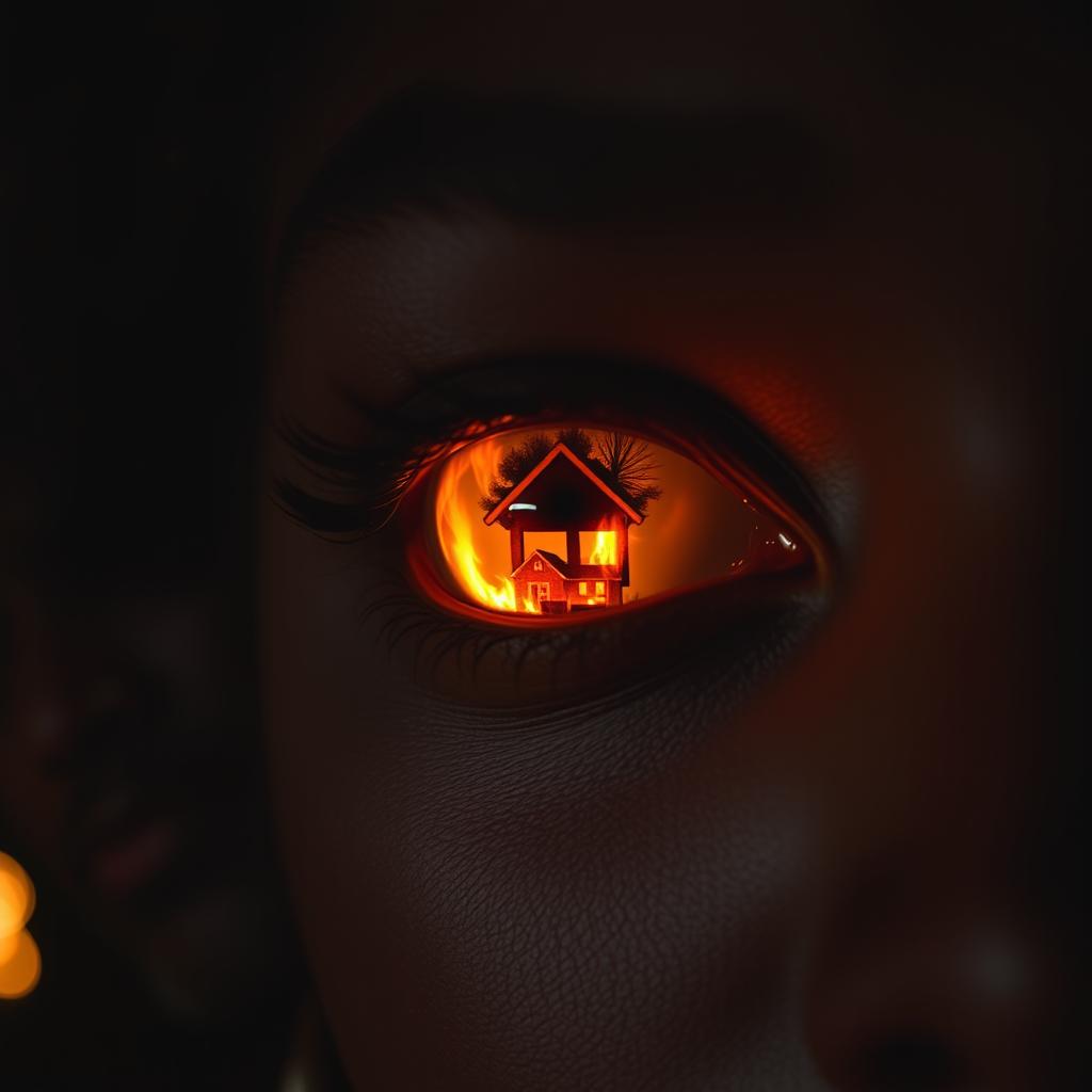 A close-up of a black woman's eye reflecting a modern estate consumed by flames