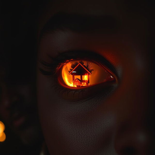 A close-up of a black woman's eye reflecting a modern estate consumed by flames