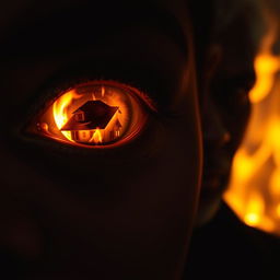 A close-up of a black woman's eye reflecting a modern estate consumed by flames