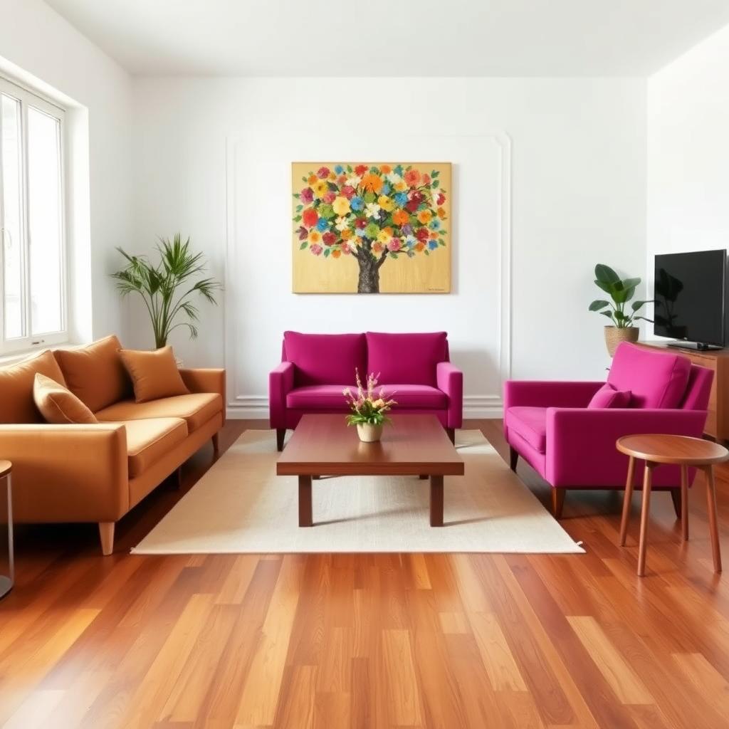 A midcentury modern apartment living room with crisp white walls