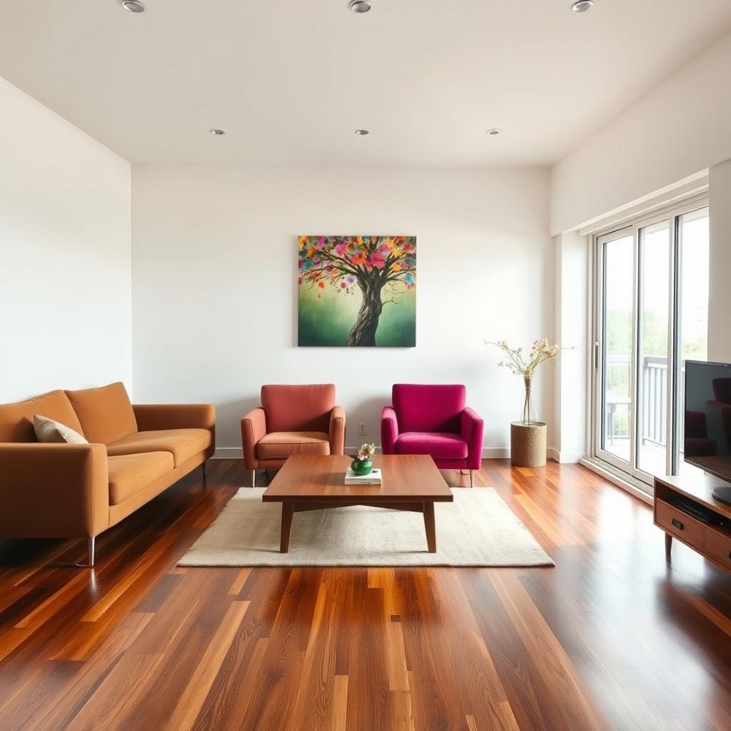 A midcentury modern apartment living room with crisp white walls