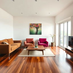 A midcentury modern apartment living room with crisp white walls