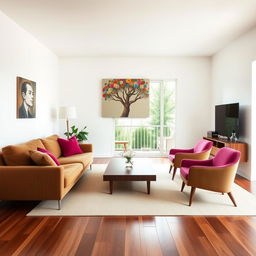 A midcentury modern apartment living room with crisp white walls