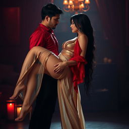 A sensual and seductive scene featuring a Thai woman with a sexy figure and voluptuous curves, wearing a revealing cream, golden, and red Mekhela Chadar and a red blouse